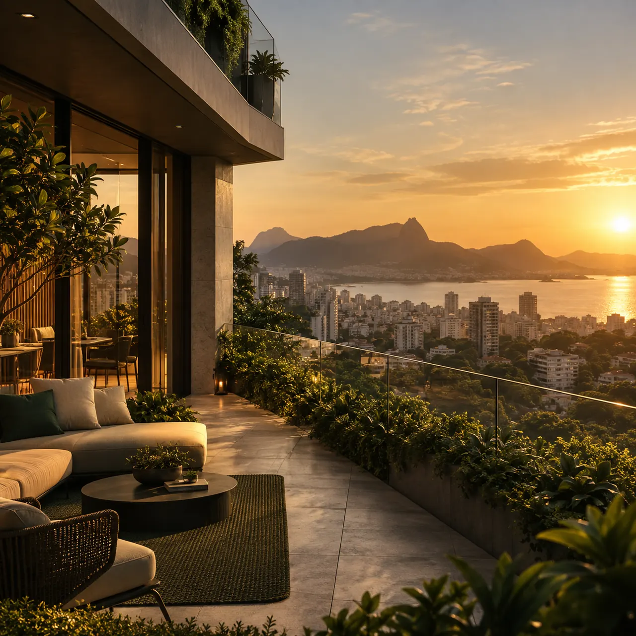 Arquitetura contemporânea ao pôr do sol, representando planejamento e crescimento patrimonial